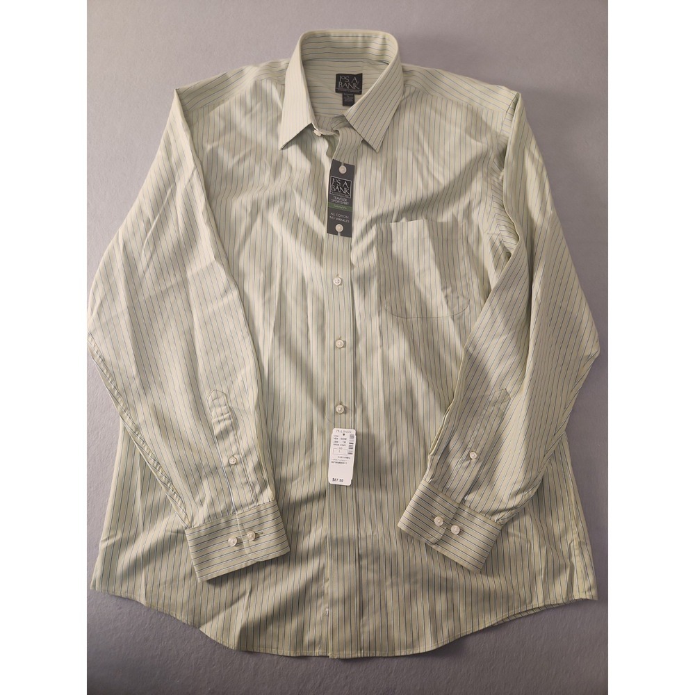 Jos. A. Bank Traveler Fit Green Striped Dress Shirt Sz Large (100% Cotton)